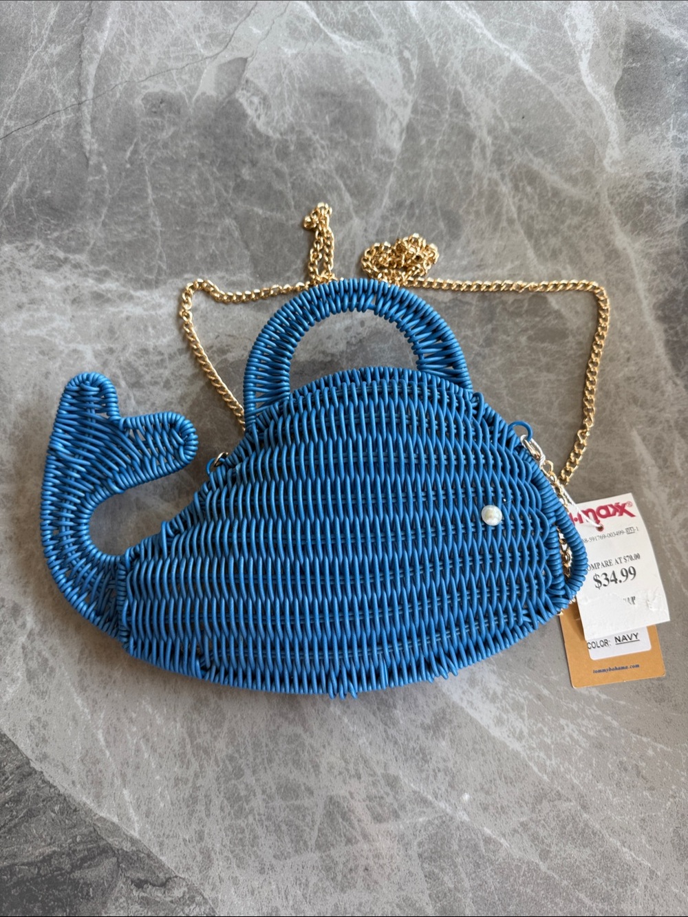 Tommy Bahama Navy Woven Whale Mini Bag with Gold Chain